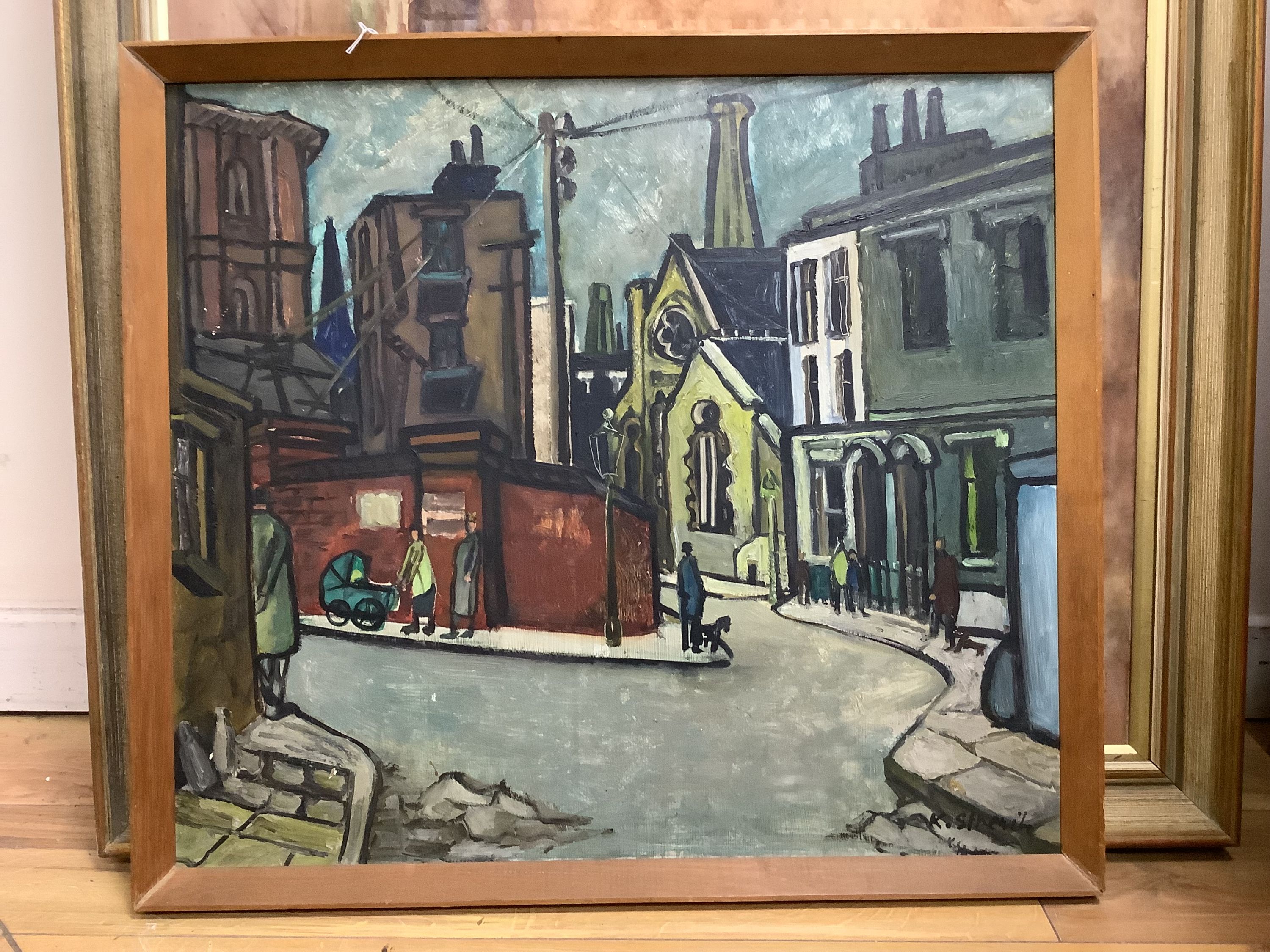 Kathe Strenitz, oil on board, Street scene, signed, 53 x 60cm